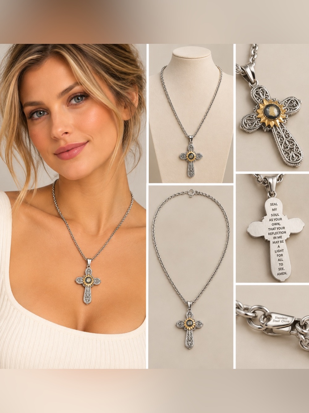 Michael Anthony Stainless Steel Two Tone Filigree Cross Pendant Necklace 20"